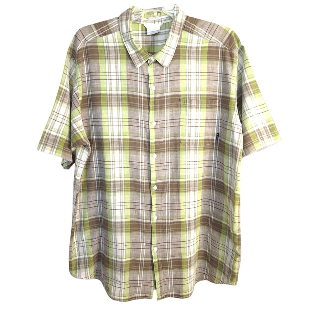 Columbia Men Collared Button-Down Shirt 2XT Green/Gray Plaid Regular Fit Casual